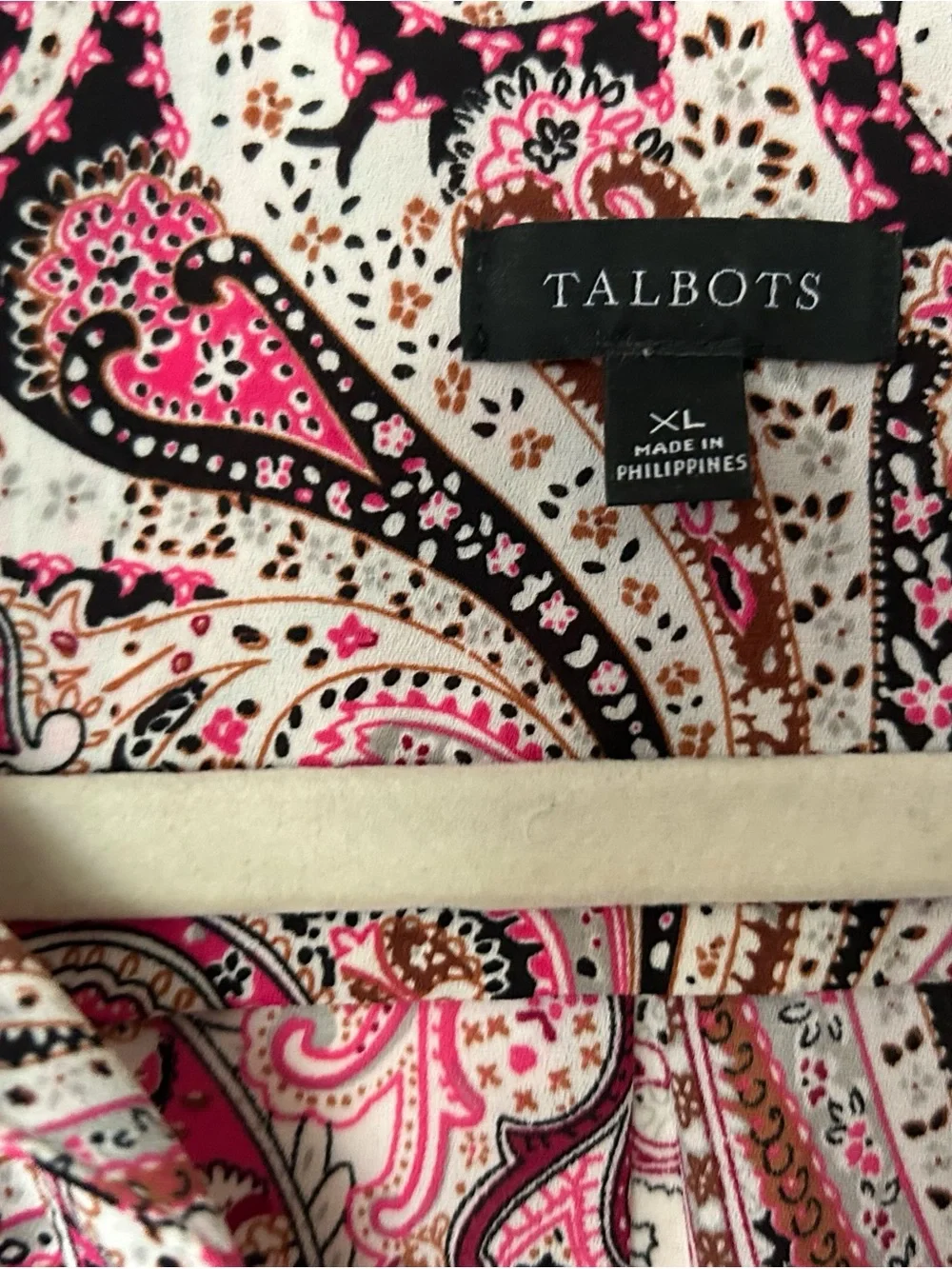 Talbots XL Pink Brown Paisley Long-Sleeve Button Blouse Collar chest pockets - Picture 4 of 6